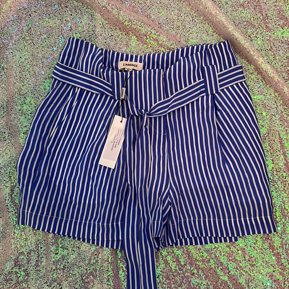 L'AGENCE Alex Striped Silk High Waist Paperbag Shorts Size 2